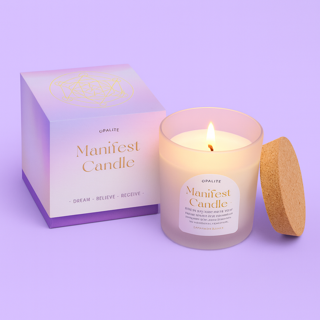 MANIFEST CANDLE - profumo di lavanda &amp; patchouli con cristalli di Opalite