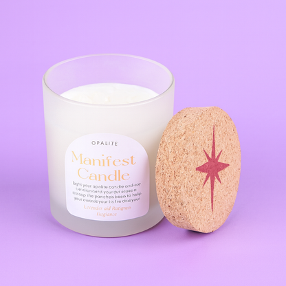 MANIFEST CANDLE - profumo di lavanda &amp; patchouli con cristalli di Opalite